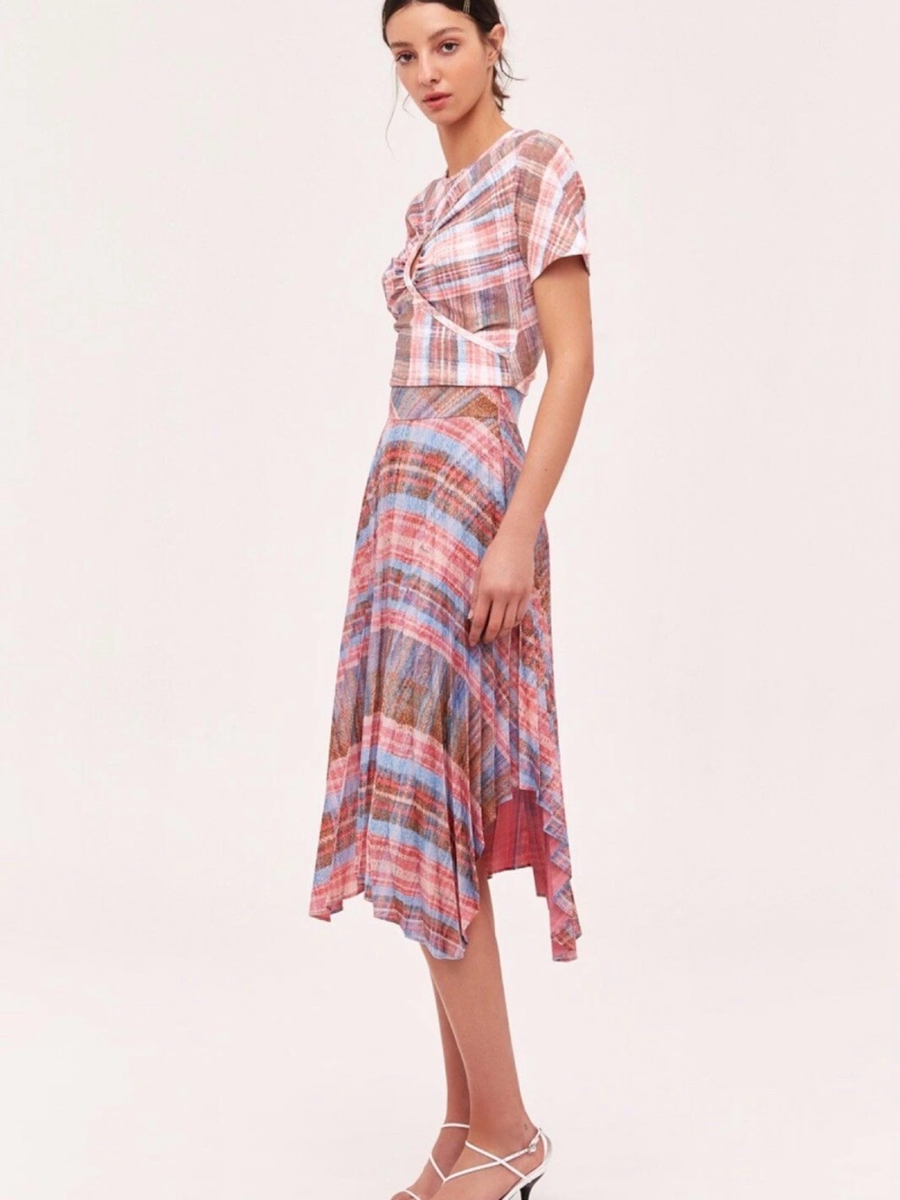 C/MEO Collective Different Story Plaid Cutout Crop Top XS Pink Tartan